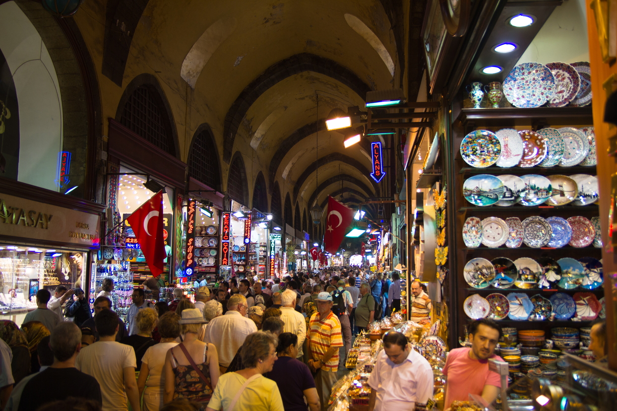 Crowds filter slowly through one of the many indoor streets of the Grand Bazaar, Istanbul.
